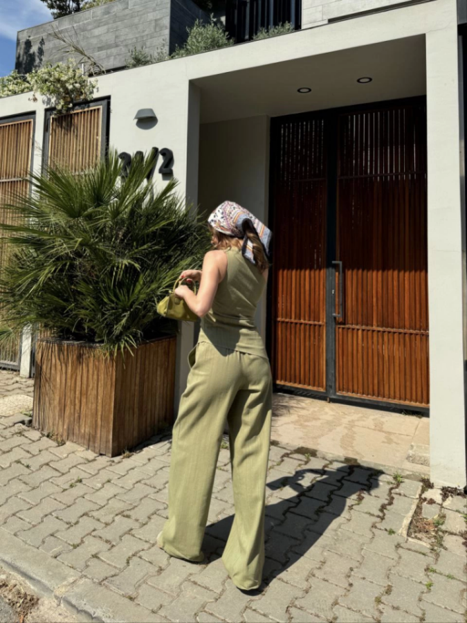 Keten Asimetrik Tek Omuzlu Bluz Pantalon Takım- Su Yeşili - 3