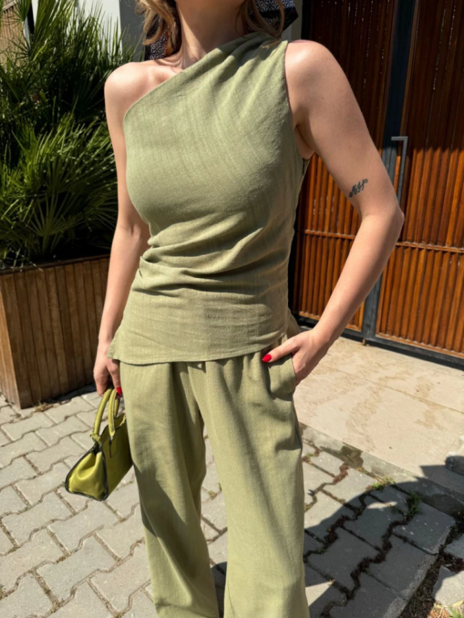 Keten Asimetrik Tek Omuzlu Bluz Pantalon Takım- Su Yeşili - 4