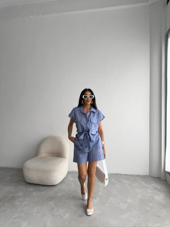 KETEN BAĞLAMALI KOLSUZ GÖMLEK - DUBLE PAÇA ŞORT TAKIM - Lacivert - 1