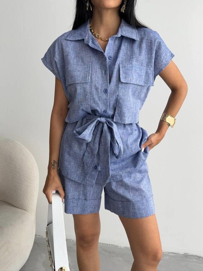 KETEN BAĞLAMALI KOLSUZ GÖMLEK - DUBLE PAÇA ŞORT TAKIM - Lacivert - 2