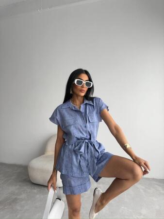 KETEN BAĞLAMALI KOLSUZ GÖMLEK - DUBLE PAÇA ŞORT TAKIM - Lacivert - 3