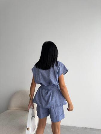 KETEN BAĞLAMALI KOLSUZ GÖMLEK - DUBLE PAÇA ŞORT TAKIM - Lacivert - 4