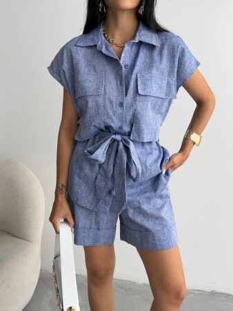 KETEN BAĞLAMALI KOLSUZ GÖMLEK - DUBLE PAÇA ŞORT TAKIM - Lacivert - ANGELINO BuyukBedeniz (1)