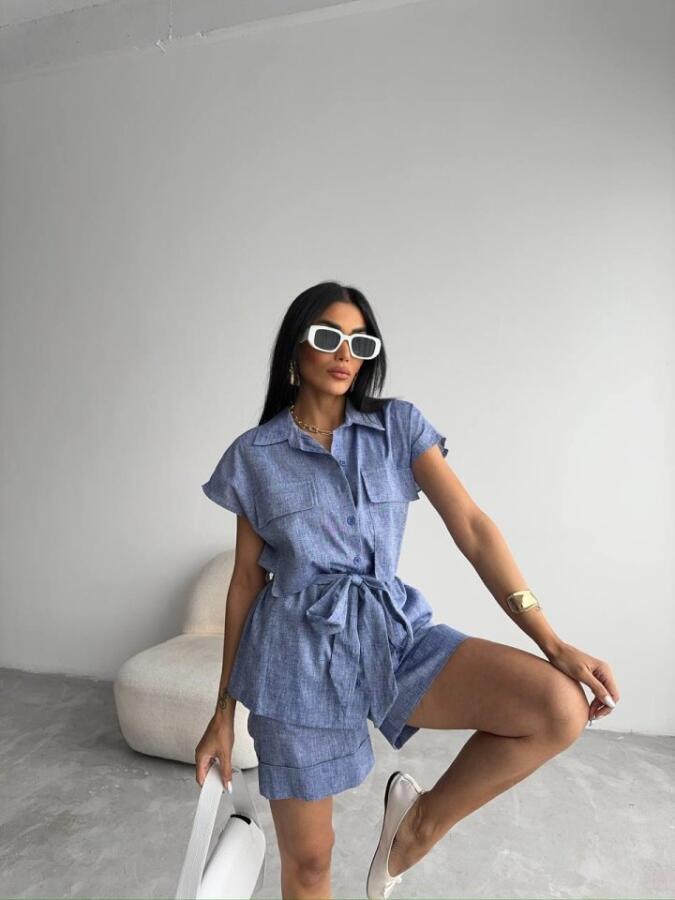 KETEN BAĞLAMALI KOLSUZ GÖMLEK - DUBLE PAÇA ŞORT TAKIM - Lacivert - 3