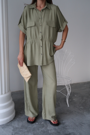 KETEN BELDEN BÜZGÜ DETAYLI GÖMLEK - PANTOLON TAKIM - Yeşil - 3