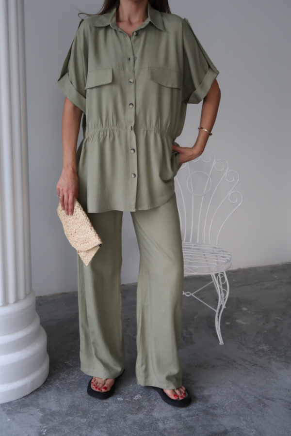KETEN BELDEN BÜZGÜ DETAYLI GÖMLEK - PANTOLON TAKIM - Yeşil - 3