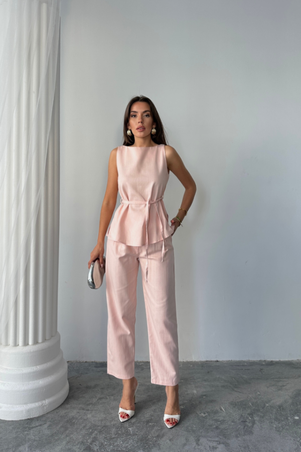 KETEN BLUZ - PANTOLON TAKIM MASSİMO MODELSCREAT KUMAŞ - Pudra - 1