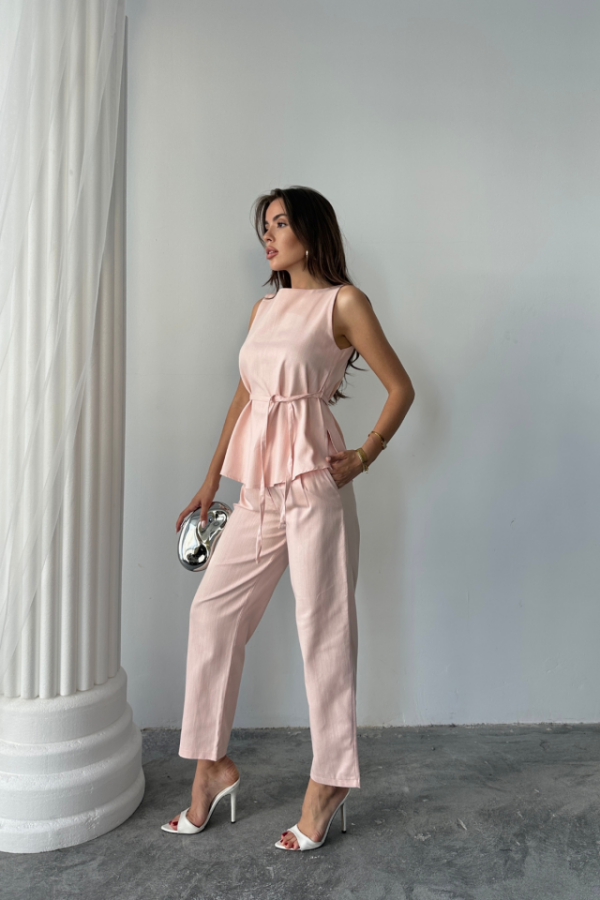 KETEN BLUZ - PANTOLON TAKIM MASSİMO MODELSCREAT KUMAŞ - Pudra - 3