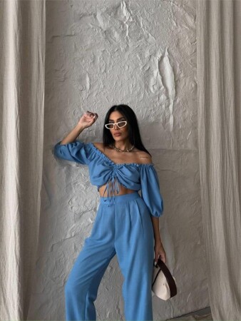 KETEN CROP BLUZ BÜZGÜ YAKA + PANTOLON TAKIM - Mavi - 1