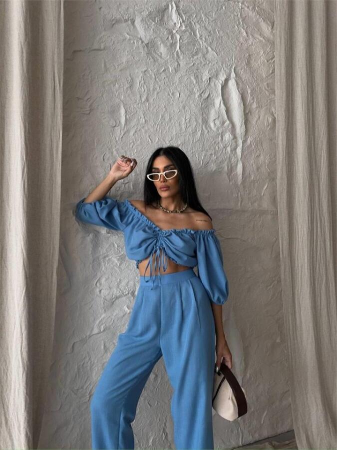KETEN CROP BLUZ BÜZGÜ YAKA + PANTOLON TAKIM - Mavi - 1