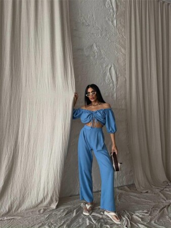 KETEN CROP BLUZ BÜZGÜ YAKA + PANTOLON TAKIM - Mavi - 2