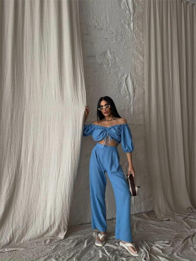 KETEN CROP BLUZ BÜZGÜ YAKA + PANTOLON TAKIM - Mavi - 2