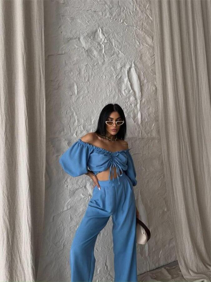 KETEN CROP BLUZ BÜZGÜ YAKA + PANTOLON TAKIM - Mavi - 3