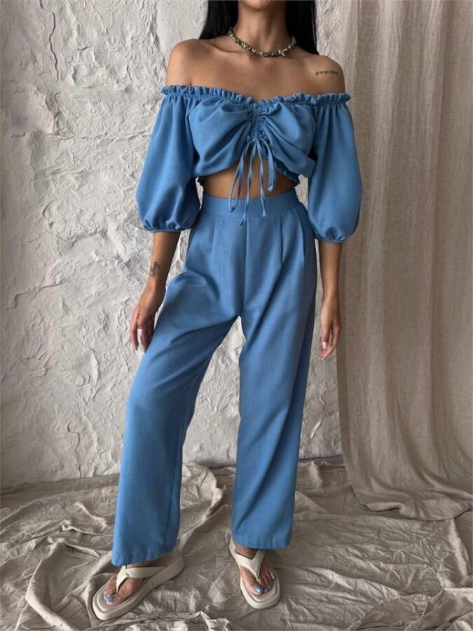 KETEN CROP BLUZ BÜZGÜ YAKA + PANTOLON TAKIM - Mavi - 4