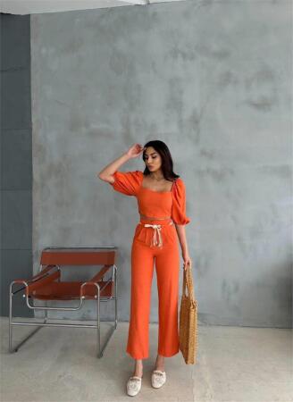 KETEN CROP KARPUZ KOL BLUZ-PANTOLON HASIR KEMERLİ - Orange - 1