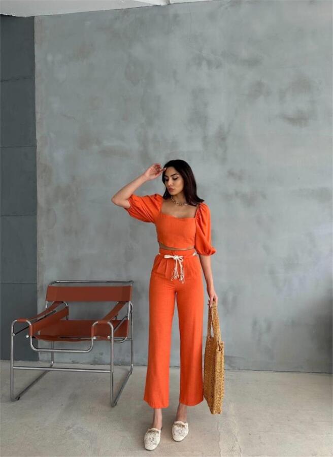 KETEN CROP KARPUZ KOL BLUZ-PANTOLON HASIR KEMERLİ - Orange - 1