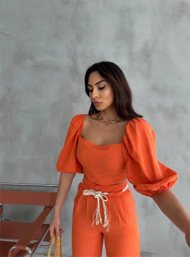 KETEN CROP KARPUZ KOL BLUZ-PANTOLON HASIR KEMERLİ - Orange - 2