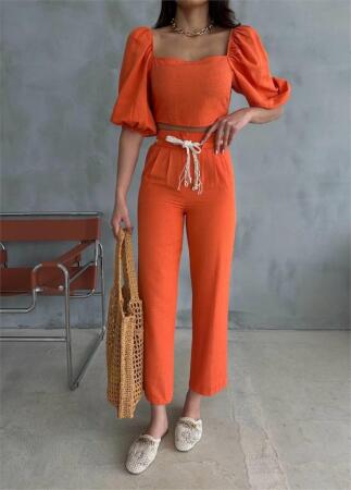 KETEN CROP KARPUZ KOL BLUZ-PANTOLON HASIR KEMERLİ - Orange - 3