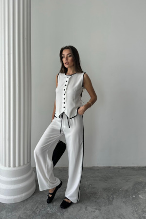 KETEN KENARLARI BİYELİ YELEK - PANTOLON TAKIM - Beyaz - 1