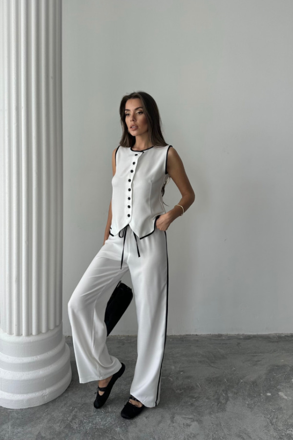 KETEN KENARLARI BİYELİ YELEK - PANTOLON TAKIM - Beyaz - 1