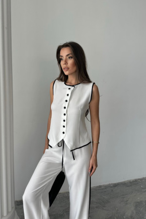 KETEN KENARLARI BİYELİ YELEK - PANTOLON TAKIM - Beyaz - 4
