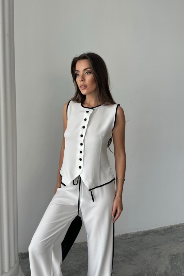 KETEN KENARLARI BİYELİ YELEK - PANTOLON TAKIM - Beyaz - 4