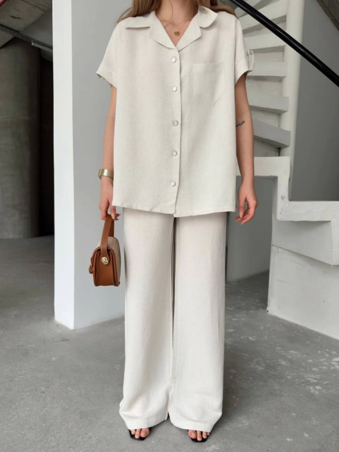 Keten Kısa Kollu Cepli Gömlek Pantolon Ikili Takım - Beyaz - 1