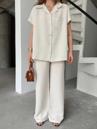 Keten Kısa Kollu Cepli Gömlek Pantolon Ikili Takım - Beyaz - ANGELINO BuyukBedeniz