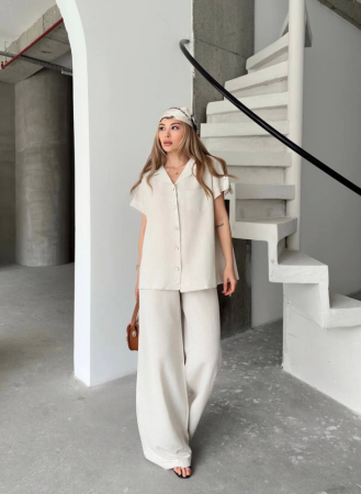 Keten Kısa Kollu Cepli Gömlek Pantolon Ikili Takım - Beyaz - ANGELINO BuyukBedeniz (1)