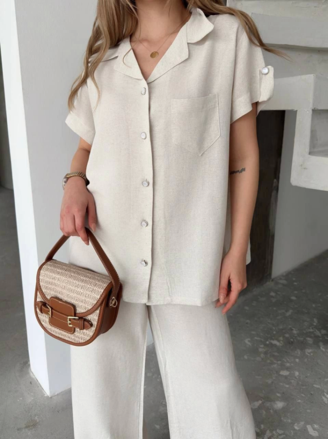 Keten Kısa Kollu Cepli Gömlek Pantolon Ikili Takım - Beyaz - 3