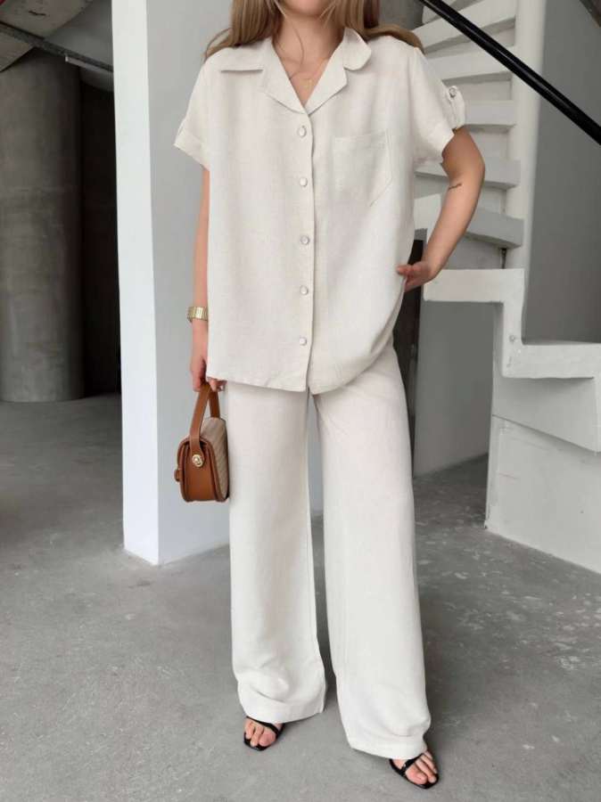 Keten Kısa Kollu Cepli Gömlek Pantolon Ikili Takım - Beyaz - 4