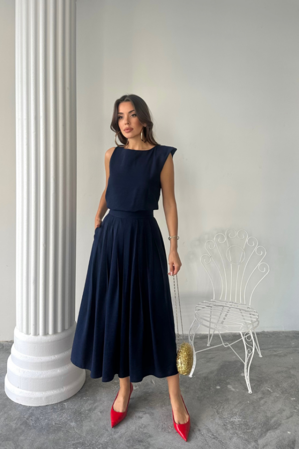 KETEN KOLSUZ BLUZ - MAXİ ETEK TAKIM - Lacivert - 4