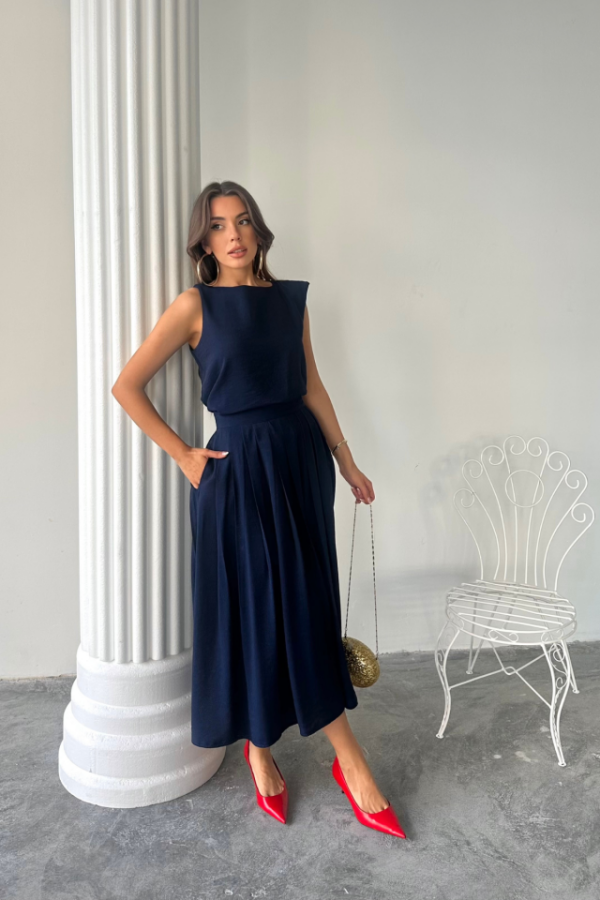 KETEN KOLSUZ BLUZ - MAXİ ETEK TAKIM - Lacivert - 1