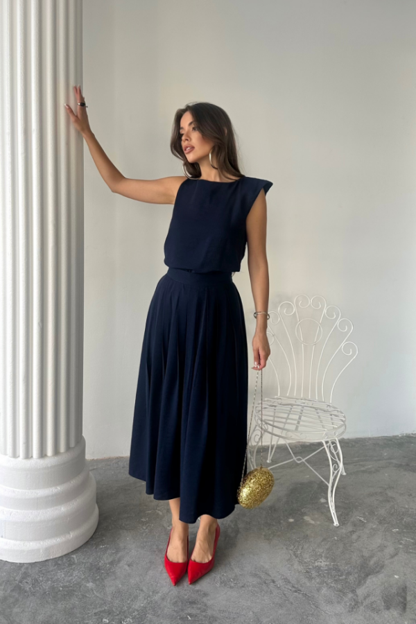 KETEN KOLSUZ BLUZ - MAXİ ETEK TAKIM - Lacivert - 3