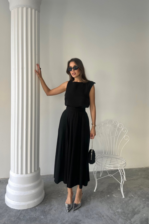 KETEN KOLSUZ BLUZ - MAXİ ETEK TAKIM - Siyah - 3
