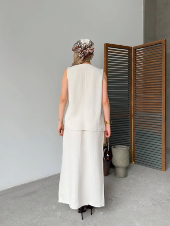 Keten Kolsuz Hırka Etek Ikili Takım- Beyaz - ANGELINO BuyukBedeniz (1)