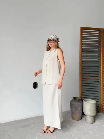 Keten Kolsuz Hırka Etek Ikili Takım- Beyaz - ANGELINO BuyukBedeniz