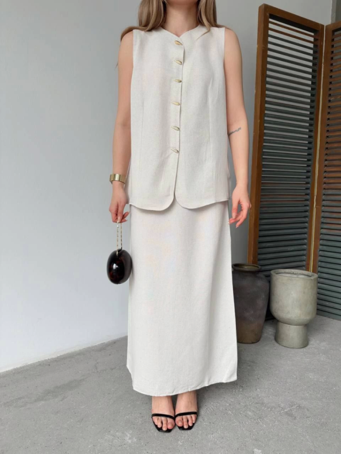 Keten Kolsuz Hırka Etek Ikili Takım- Beyaz - 3