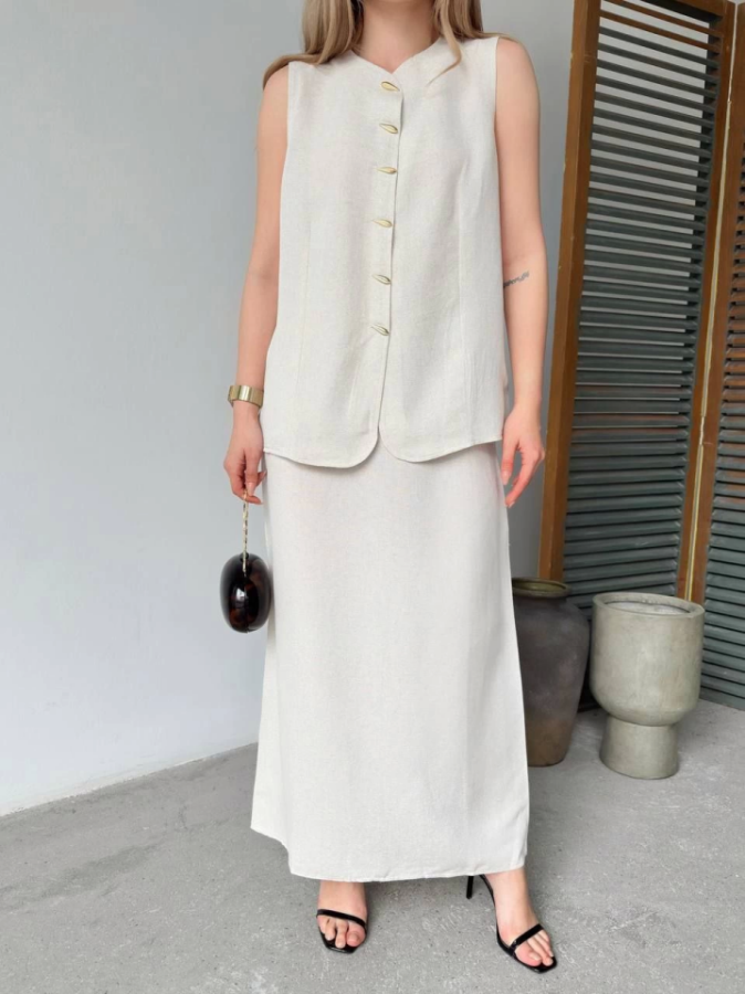 Keten Kolsuz Hırka Etek Ikili Takım- Beyaz - 4