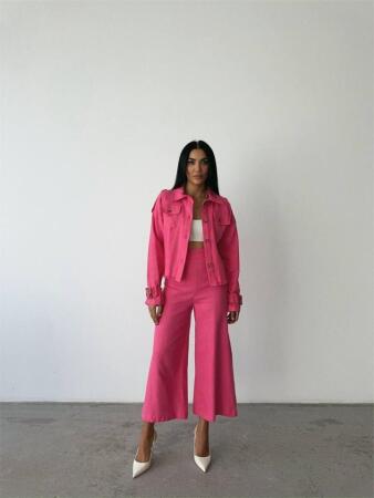 KETEN PÜSKÜL DETAYLI GÖMLEK-PANTOLON TAKIM - Fuşya - ANGELINO BuyukBedeniz