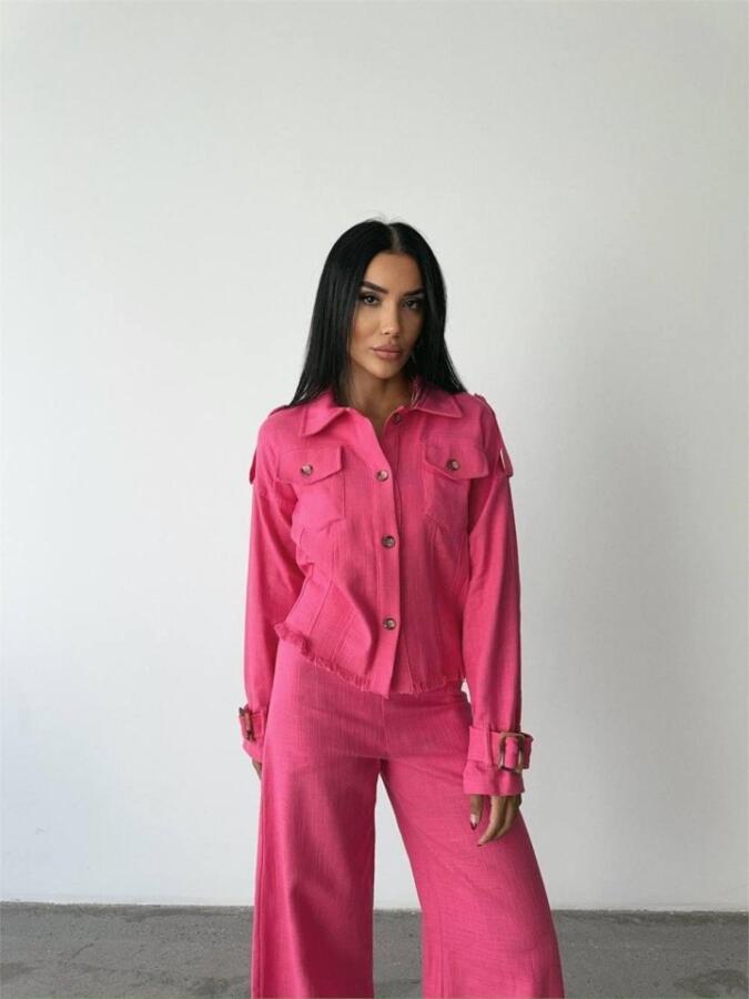 KETEN PÜSKÜL DETAYLI GÖMLEK-PANTOLON TAKIM - Fuşya - 2