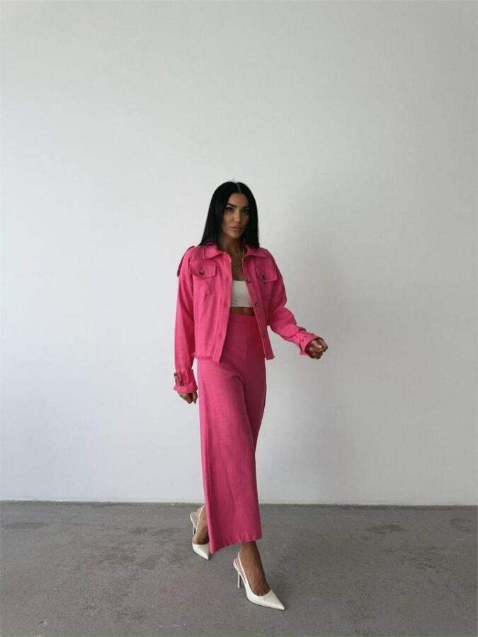 KETEN PÜSKÜL DETAYLI GÖMLEK-PANTOLON TAKIM - Fuşya - 3