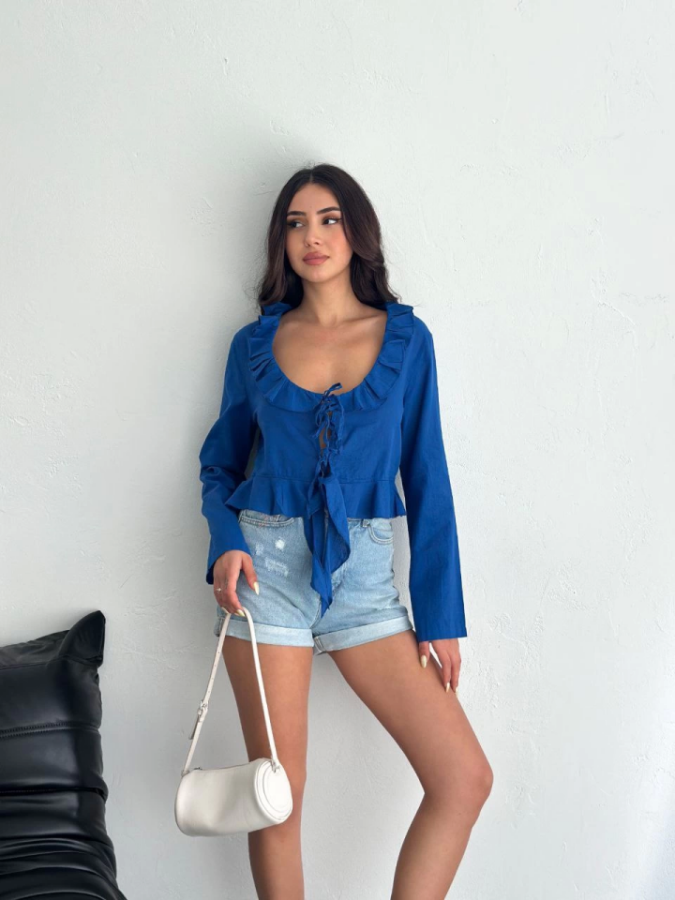 Keten Uzun Kol Bağacık Detaylı Bluz - Lacivert - 3