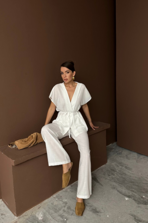 KETEN V YAKA BELDEN BAĞLAMALI BLUZ-PANTOLON TAKIM - Beyaz - 1