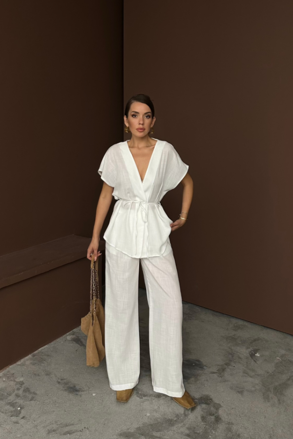 KETEN V YAKA BELDEN BAĞLAMALI BLUZ-PANTOLON TAKIM - Beyaz - 2