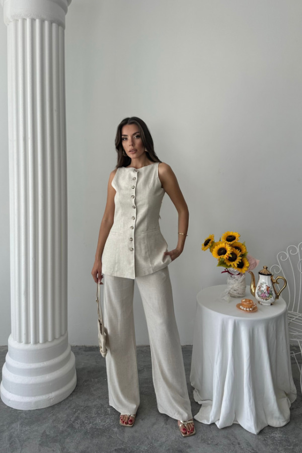 KETEN YELEK - PANTOLON TAKIM - Taş - 4