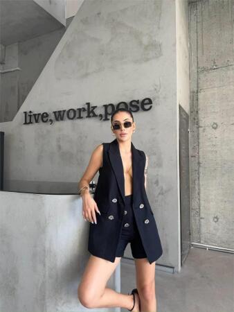 KETEN YELEK - ŞORT TAKIM - Siyah - ANGELINO BuyukBedeniz