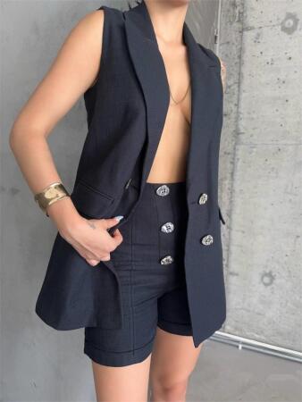 KETEN YELEK - ŞORT TAKIM - Siyah - ANGELINO BuyukBedeniz (1)