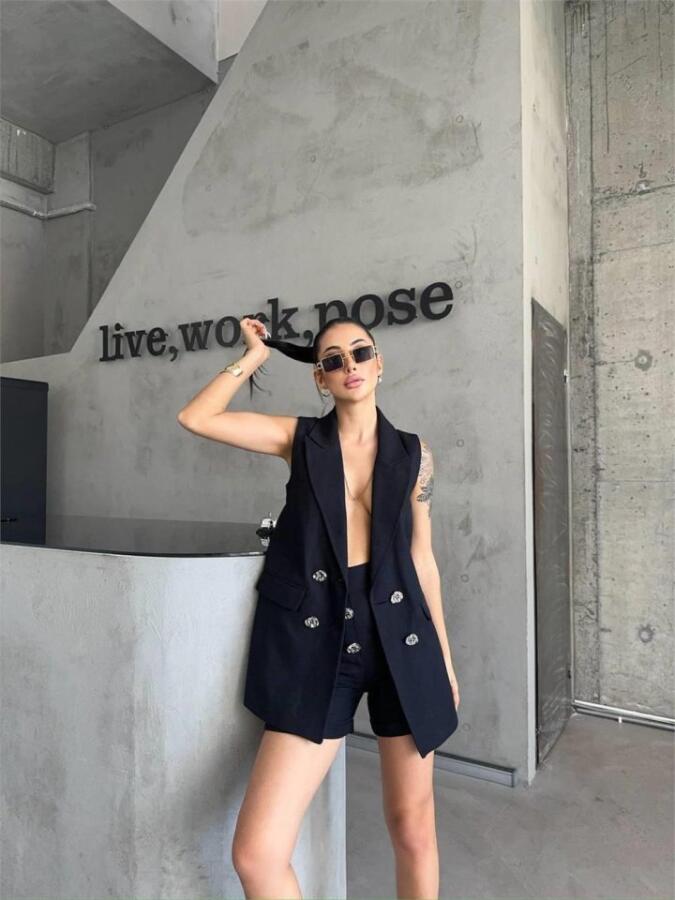 KETEN YELEK - ŞORT TAKIM - Siyah - 3