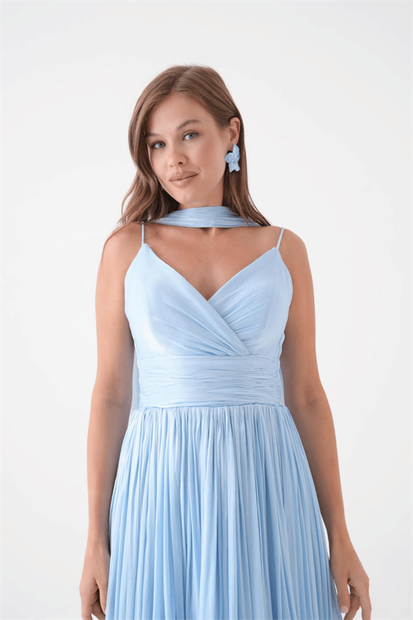 Kırinkıl Saten Kumaş Askılı Midi Boy Elbise - BEBE MAVİSİ - 4